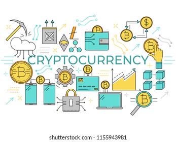 Crypto currency template. Thin line icons and symbols of coins, technology and other