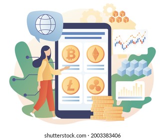 Crypto currency. Tiny woman trading and investing in smartphone app. Bitcoin, altcoin. Digital web money. Blockchain. Fintech industry. Business, finance.Modern flat cartoon style. Vector illustration