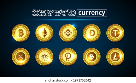 Crypto currency top gold logo coins: Bitcoin, Ethereum, Binance coin, Dogecoin, Tether, XRP, Cardano, Polkadot, Bitcoin cash, Litecoin. 
Vector illustration.