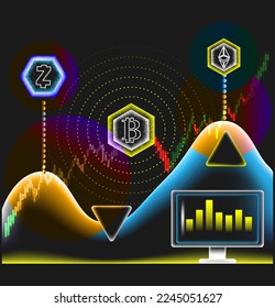 Ilustración vectorial 3d de intercambio de moneda criptográfica. Antecedentes del análisis de datos del mercado de divisas. Bolsa de dinero, transacciones en línea, minería virtual, gráfico de beneficios para la investigación económica