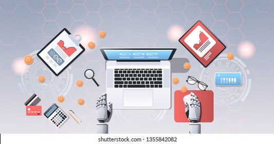 crypto currency trading bot block chain concept bitcoin mining robotic hands using laptop at workplace desk top angle view office stuff flat horizontal