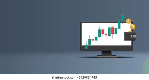 Crypto currency trading chart with Japanese candlestick bars, wallet with bitcoin and ethereum coins, 3d render illustration