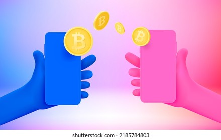 Crypto currency transfer using mobile application concept. 3d vector illustration with holographic effect 