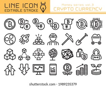 Crypto currency vector icon set. Editable line stroke.