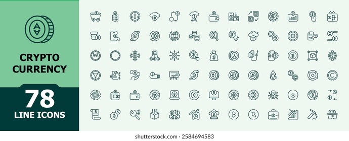 Crypto Currency vector icon set. Includes thin line illustration, finance, concept, icon set, cryptography, crypto, data, bitcoin. Icons for UI. Vector illustration in modern line style.