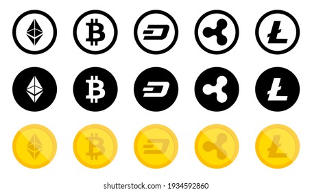 Crypto Currency vector icons. Set of Crypto Coin symbols. Cryptocurrency icons, isolated. Vector illustration