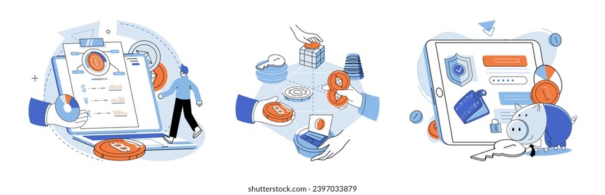 Crypto currency vector illustration. Blockchain technology provides decentralized and transparent framework for virtual transactions Cyberspace serves as realm where crypto currency concepts
