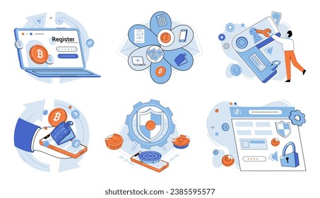 Crypto currency vector illustration. The crypto currency metaphor allows us to understand intangible nature digital money The economy is undergoing transformation as blockchain networks create new