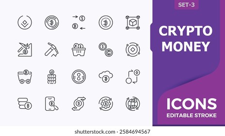 Crypto Currency vector line icon set. Includes icons for bank, exchange, symbol, investment, commerce and more. Minimalist web icons. Editable vector stroke.