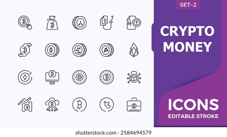 Crypto Currency vector line icon set. Includes icons for bank, exchange, symbol, investment, commerce and more. Minimalist web icons. Editable vector stroke.