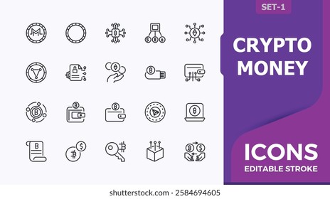 Crypto Currency vector line icon set. Includes icons for bank, exchange, symbol, investment, commerce and more. Minimalist web icons. Editable vector stroke.