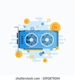 Crypto Currency Video Card Abstract Vector Sign, Symbol or Emblem Template. Flat Style GPU Bitcoin Mining Hardware Illustration. Personal Computer Component Icon. Isolated.