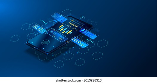 Crypto currency, virtual electronic, internet money.  Bitcoin currency. Crypto coin with growth chart. International stock exchange. Network bitcoin marketing vector banner.