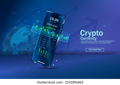 Kryptowährung, virtuelle elektronische, Internet-Geld.  Bitcoin-Währung. Kryptomünze mit Wachstumstabelle. Internationale Börse. Netzwerk-Bitcoin-Marketing-Vektorbanner.