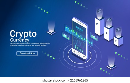 Moneda criptográfica, electrónica virtual, dinero de internet.  Moneda de bitcoin. Moneda criptográfica con gráfico de crecimiento. Bolsa internacional. Banner vectorial de marketing de bitcoin de red.