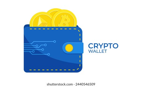 Crypto currency wallet, flat vector illustration. Digital wallet with Bitcoin and Ethereum coins.	