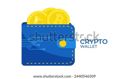 Crypto currency wallet, flat vector illustration. Digital wallet with Bitcoin and Ethereum coins.	