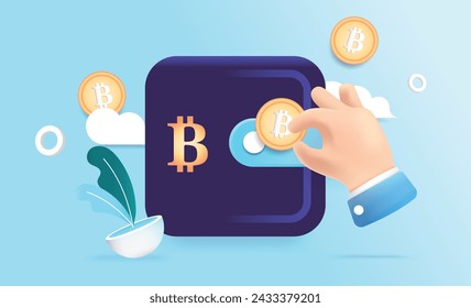 Crypto currency wallet - hand investing and saving Bitcoin in self custody. Semi 3d flat design vector illustration with blue background