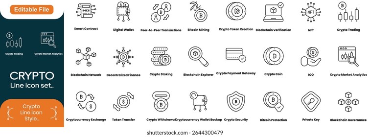 Crypto currency web icons in outline style. thin line icons such as donation, bitcoin encryption, donate, economist, banking, withdraw, tor, greed, exchange