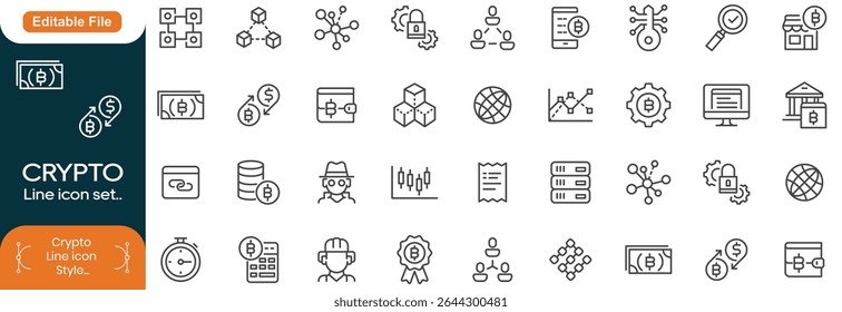 Crypto currency web icons in outline style. thin line icons such as donation, bitcoin encryption, donate, economist, banking, withdraw, tor, greed, exchange