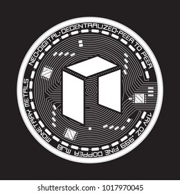 Crypto currency white coin with black lackered neo symbol on obverse isolated on black background. Vector illustration. Use for logos, print products, page and web decor or other design.