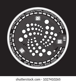 Crypto currency white coin with black iota symbol on obverse isolated on black background. Vector illustration. Use for logos, print products, page and web decor or other design.