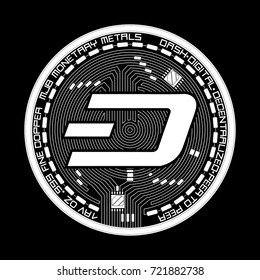 Crypto currency white coin with black lackered dash symbol on obverse isolated on black background. Vector illustration. Use for logos, print products, page and web decor or other design.