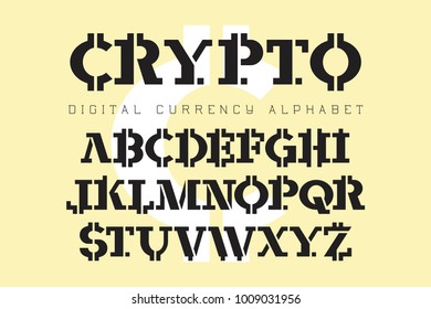 Crypto - electronic coin style font. Digital currency alphabet letters set. Vector illustration