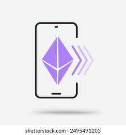 Crypto Ethereum in smartphone icon with shadow isolated on white background. Blockchain mobile payment concept sign symbol
