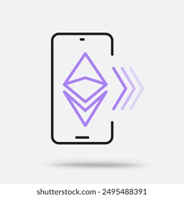 Crypto Ethereum in smartphone outline icon with shadow isolated on white background. Blockchain mobile payment concept sign symbol