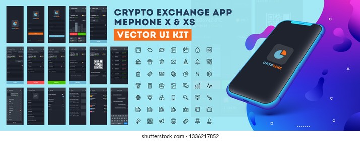 Crypto Exchange App Mephone XE or XS Vectore UI kit with different GUI layout including Login, Create Account, Profile, Transaction and trending screens. 