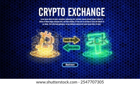 Crypto exchange banner with bitcoin, tether and portal on a dark blue polygonal background.  Concept wallet transaction with crypto currency exchange. Vector illustration