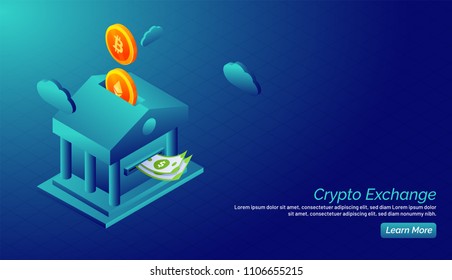 Crypto exchange concept with crypto currencies converting into real money on blue background. 
