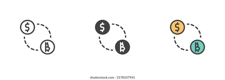 Crypto Exchange different style icon set. Line, glyph and filled outline colorful version, outline and filled vector sign. Bitcoin and dollar exchange symbol, logo illustration. Vector graphics