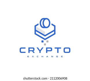 Crypto exchange, digital currency mining logo design. Cryptocurrency, virtual currency, exchange finance vector design. Blockchain and NFT technology, stock exchange logotype