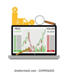 Crypto exchange market, analysis and earn money. Vector illustration. Chart profit concept, crypto business, internet blockchain stock, investment plan, transaction index, banking trader