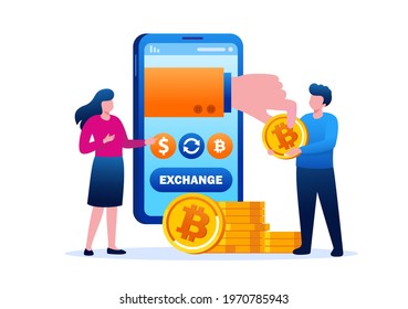 Crypto exchange marketplace. Easy transfer with application on smartphone. Bitcoin vector illustration for website landing page template