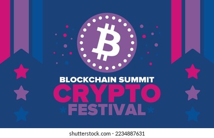 Crypto Festival. Blockchain Summit. Digital money and smart online technology. Finance, banking and business illustration. Cryptocurrency mining. Bitcoin logo. Flat design. Vector poster