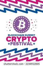 Crypto Festival. Blockchain Summit. Digital money and smart online technology. Finance, banking and business illustration. Cryptocurrency mining. Bitcoin logo. Flat design. Vector poster