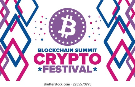 Crypto Festival. Blockchain Summit. Digital money and smart online technology. Finance, banking and business illustration. Cryptocurrency mining. Bitcoin logo. Flat design. Vector poster