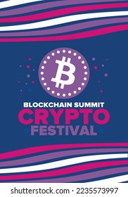 Crypto Festival. Blockchain Summit. Digital money and smart online technology. Finance, banking and business illustration. Cryptocurrency mining. Bitcoin logo. Flat design. Vector poster