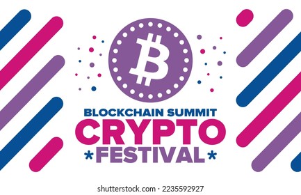 Crypto Festival. Blockchain Summit. Digital money and smart online technology. Finance, banking and business illustration. Cryptocurrency mining. Bitcoin logo. Flat design. Vector poster