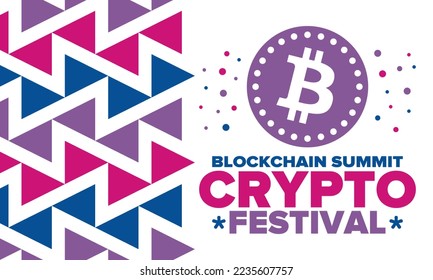 Crypto Festival. Blockchain Summit. Digital money and smart online technology. Finance, banking and business illustration. Cryptocurrency mining. Bitcoin logo. Flat design. Vector poster