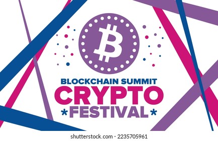 Crypto Festival. Blockchain Summit. Digital money and smart online technology. Finance, banking and business illustration. Cryptocurrency mining. Bitcoin logo. Flat design. Vector poster