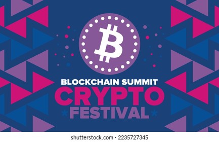 Crypto Festival. Blockchain Summit. Digital money and smart online technology. Finance, banking and business illustration. Cryptocurrency mining. Bitcoin logo. Flat design. Vector poster