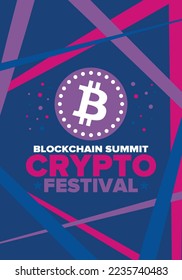 Crypto Festival. Blockchain Summit. Digital money and smart online technology. Finance, banking and business illustration. Cryptocurrency mining. Bitcoin logo. Flat design. Vector poster