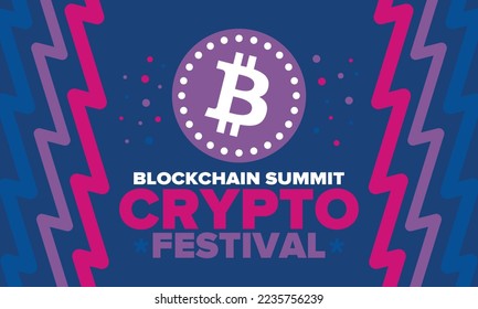 Crypto Festival. Blockchain Summit. Digital money and smart online technology. Finance, banking and business illustration. Cryptocurrency mining. Bitcoin logo. Flat design. Vector poster