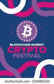 Crypto Festival. Blockchain Summit. Digital money and smart online technology. Finance, banking and business illustration. Cryptocurrency mining. Bitcoin logo. Flat design. Vector poster