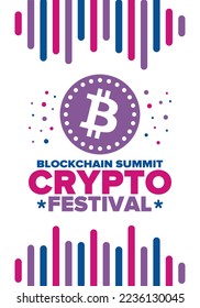 Crypto Festival. Blockchain Summit. Digital money and smart online technology. Finance, banking and business illustration. Cryptocurrency mining. Bitcoin logo. Flat design. Vector poster