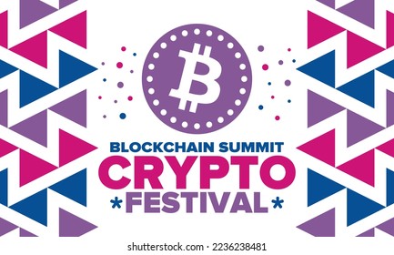 Crypto Festival. Blockchain Summit. Digital money and smart online technology. Finance, banking and business illustration. Cryptocurrency mining. Bitcoin logo. Flat design. Vector poster